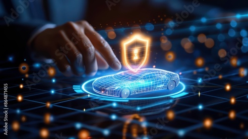 Futuristic automotive security concept with digital interface, highlighting car safety and protection in a cyber world.