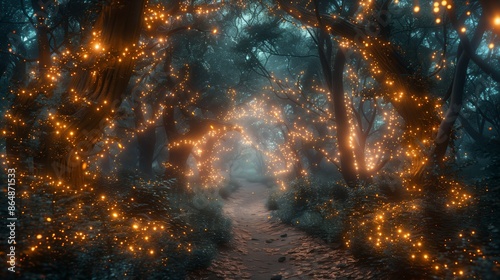 A magical forest path illuminated by warm, glowing fairy lights. The path winds through the trees, disappearing into the misty distance.