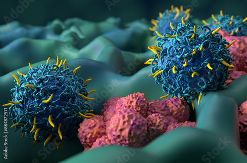 CAR T cell therapy in lung cancer (LC) - closeup view 3d illustration