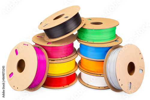 stack pile of colorful 3d printing filament PLA material on environmentally friendly and recyclable paper cardboard spools isolated white background. modern FDM printer technology concept