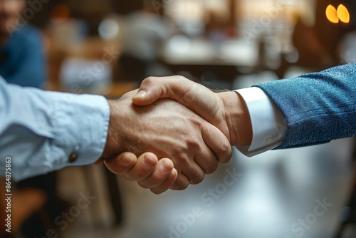 A detailed close-up of two individuals clasping hands in a firm handshake within an office setting, symbolizing agreement, partnership, and mutual respect in a professional environment.