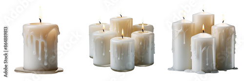 White wax burning candles isolated on transparent background