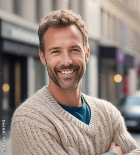  portrait of a male , 40 years old New Yorker with Czech roots, cute face and smiley, bright adorable eyes, natural blond curly short hair