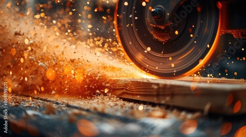 Circular Saw Cutting Wood With Spark Flurries in a Workshop