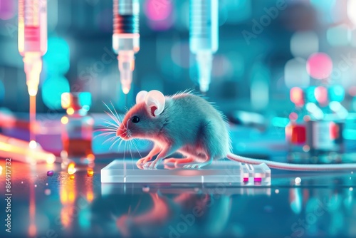 Lab mouse in a futuristic laboratory setting with vials and syringes, representing scientific research and experimentation.
