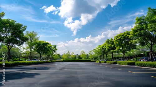 Car parking in large asphalt parking lot with trees, white cloud and blue sky background in front of hall building