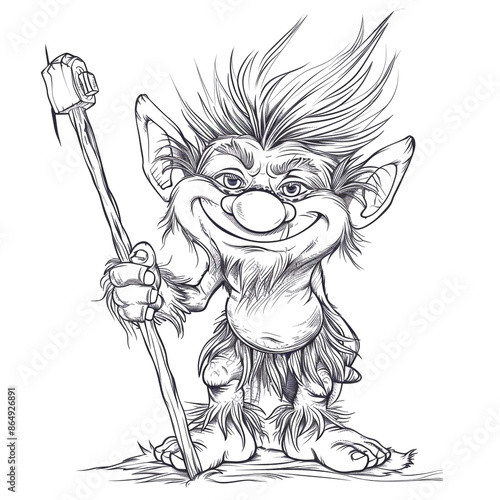 Sketch outline of a troll with a club, outlined for coloring, on a white background.