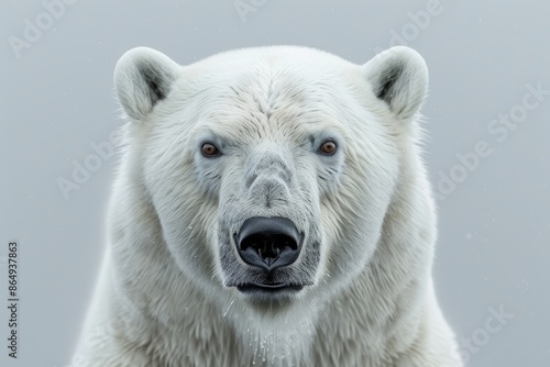 Large male polar bear looking at camera with snow falling