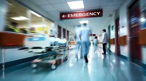 Blurred view of doctors and nurses rushing in a hospital emergency room, conveying urgency and swift medical response.