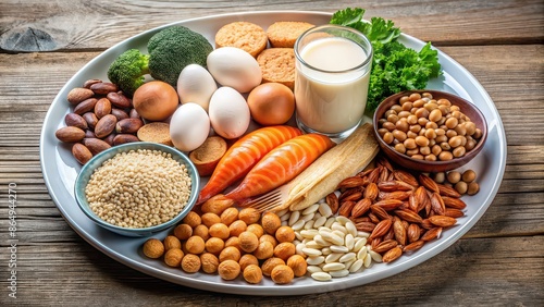 Close-up of a plate of various foods, each labeled with major allergens such as nuts, dairy, gluten, soy, and shellfish