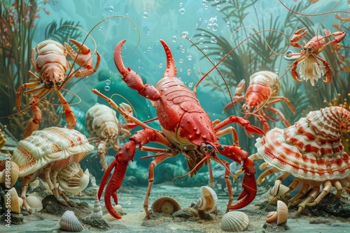 A collection of red and white crabs and sea shells in a unique and fascinating scene, A surreal scene of oversized crustaceans and mollusks engaged in a whimsical dance