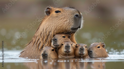 A large capybara shelters her young in a pool of water