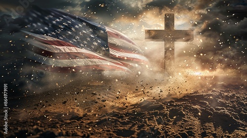 United Under One Banner: Christianity's Influence on American Patriotism, Symbolized by the Cross. Christianity and Patriotism concept. Cross of Jesus with a american flag blowing in the background.