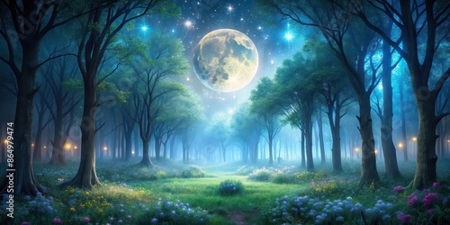 Magical forest glade bathed in moonlight, enchanted, mystical, ethereal, dreamy, serene, tranquil, fantasy, moonbeam