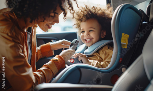 A mother is helping her child get into the car seat while smiling and talking to him, surrounded by modern cars