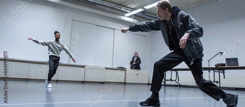 A choreographer in a dance studio works alongside an AI figure demonstrating new dance moves and formations. The studio is spacious and well-lit, showcasing the fusion of human creativity and advanced