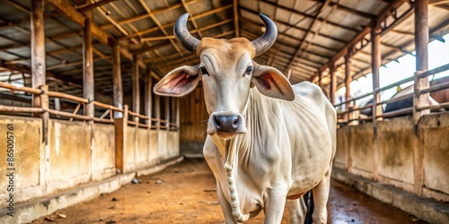 Indian Brahmin cow zebu happily standing in the cowshed , cattle, livestock, agriculture, Indian breed, farm animal