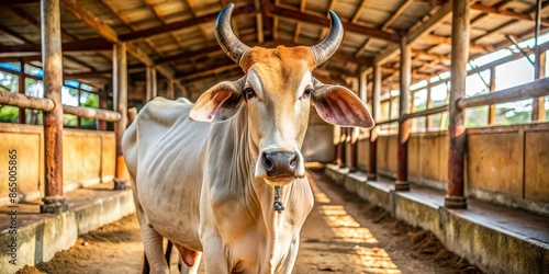 Indian Brahmin cow zebu happily standing in the cowshed , cattle, livestock, agriculture, Indian breed, farm animal