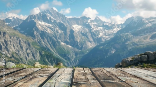 A rustic wooden podium placed in front of a picturesque mountain range with clear blue skies, emphasizing natural beauty and adventure