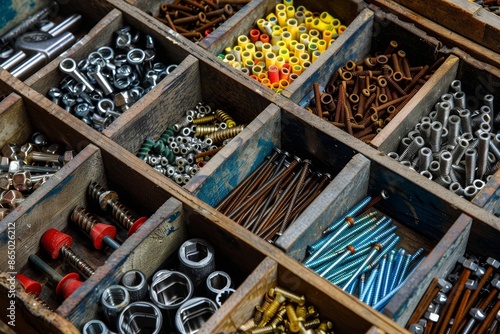 A box filled with a variety of screws for different uses, neatly organized in a toolbox, A toolbox organizer filled with neatly arranged screws, nails, and bolts