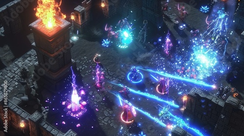 Intense magical battle scene with vibrant elemental spells. Fiery explosions, icy projectiles, and lightning bolts illuminate a dark landscape. 