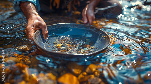 Gold Prospecting Adventure: Determined Prospector Panning by Tranquil River. - Close up shot of a Gold mining pan. 