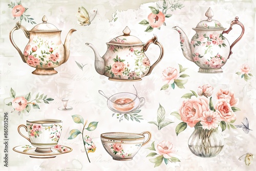 Tea Time Elegance: A digital planner sticker set for tea enthusiasts, featuring watercolor illustrations of elegant teapots