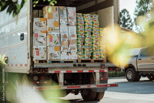 A truck is loaded with boxes of food, ready for delivery, A truck loaded with food boxes ready to be delivered to families in need