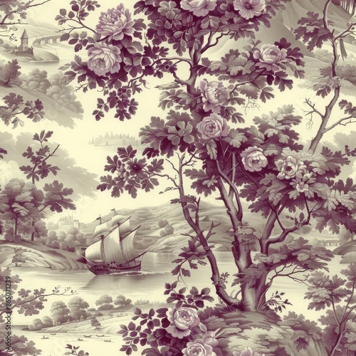 The image shows a purple toile de jouy pattern with a pastoral scene including trees, flowers, river and sailboat.