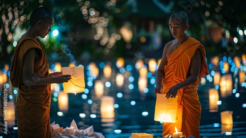 On Loi Krathong or Loy Krathong day, inexperienced monks release paper lanterns into the sky, a significant event for Thai culture.