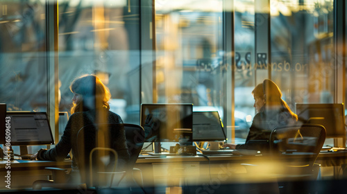 vue de bureaux lumineux en open space derrière une vitre illuminé par les rayons du soleil