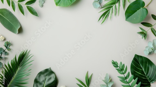 A fresh and airy composition with a green foliage border surrounding a clean background, providing ample copy space. The minimalist design emphasizes the beauty of the natural elements.