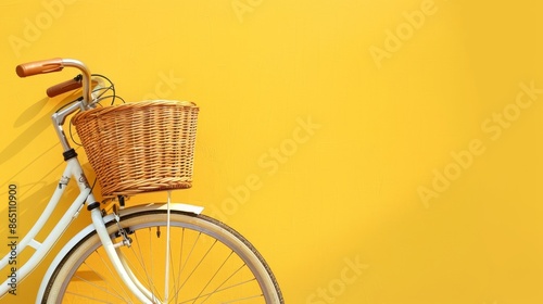 A vintage bicycle with a wicker basket, against a sunny yellow background.