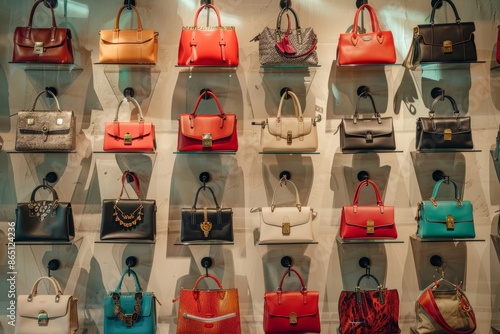 Many different colored purses and sunglasses arranged neatly on a wall in a store, A wall lined with designer handbags and sunglasses