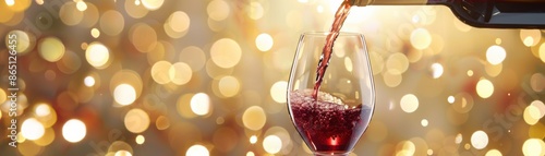 Red wine being poured into a glass with a golden bokeh background, capturing the elegance of wine tasting and celebration.