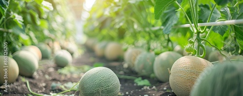 Cantaloupe melons ripening in rows on a farm field