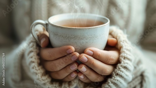 Cozy scene with hands holding a steaming cup of tea, wrapped in a warm sweater, evoking warmth and comfort.