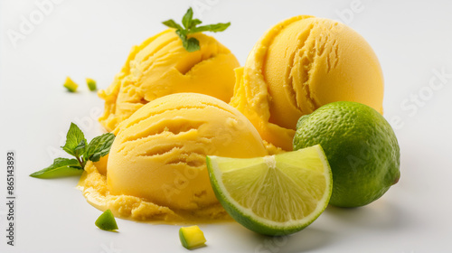 Fresh lime ice cream, simultaneous mix of sweet and sour flavor with mint on white background