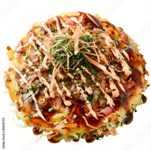 A serving of okonomiyaki, Japanese savory pancake with cabbage, pork, and seafood, drizzled with okonomiyaki sauce and mayonnaise, topped with bonito flakes, isolated on white background.