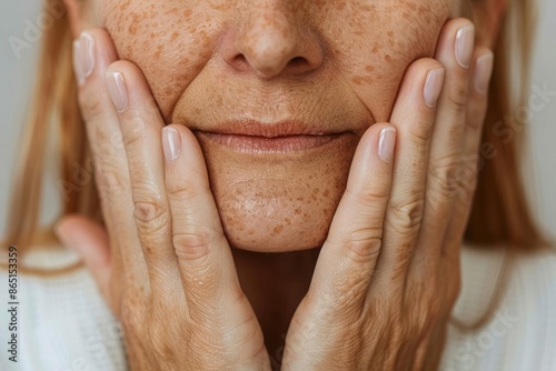 A woman with a close-up of her hands displaying the results of hand rejuvenation treatments before and after emphasizing the reduction of age spots and improved skin texture