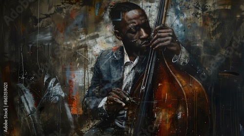 An abstract painting of a man playing a double bass.