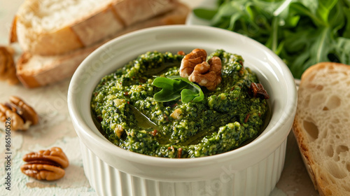 Gourmet Sundried Tomato Arugula Pesto Platter with Baguette, Cheese, and Walnuts - Food Styling Stock Photo