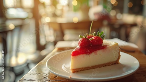 Delicious classic New York cheesecake slice on a plate