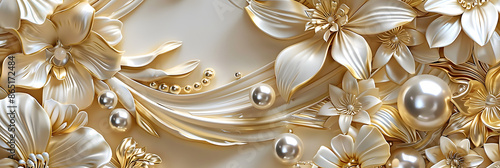 3D gold floral wallpaper with pearls with high relief features