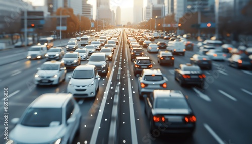 Morning rush hour traffic on a busy urban highway, with cars moving in both directions under a rising sun.