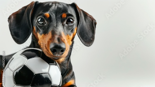 humorous picture of a black-and-tan dachshund puppy with an isolated soccer ball on a white backdrop