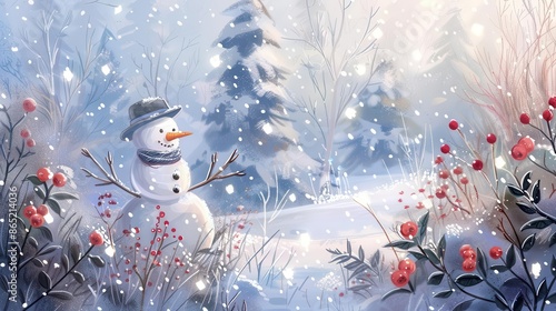 frosty friends wonderland charming snowman with rosy cheeks amidst magical winter scenery in whimsical holiday greeting card illustration