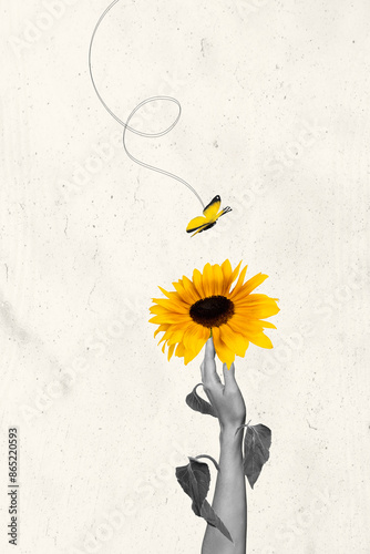 Trend artwork composite sketch image photo collage of surreal space spring season nature flower hand raise hold sunflower butterfly fly