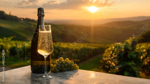 champagne bottle and flute in a vineyard