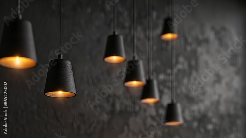 Modern decorative electric lamps on ceiling in dark room with space for background